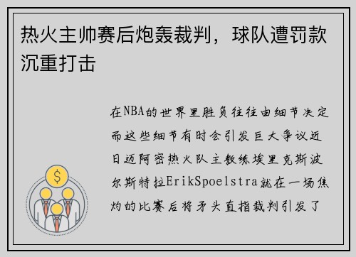 热火主帅赛后炮轰裁判，球队遭罚款沉重打击